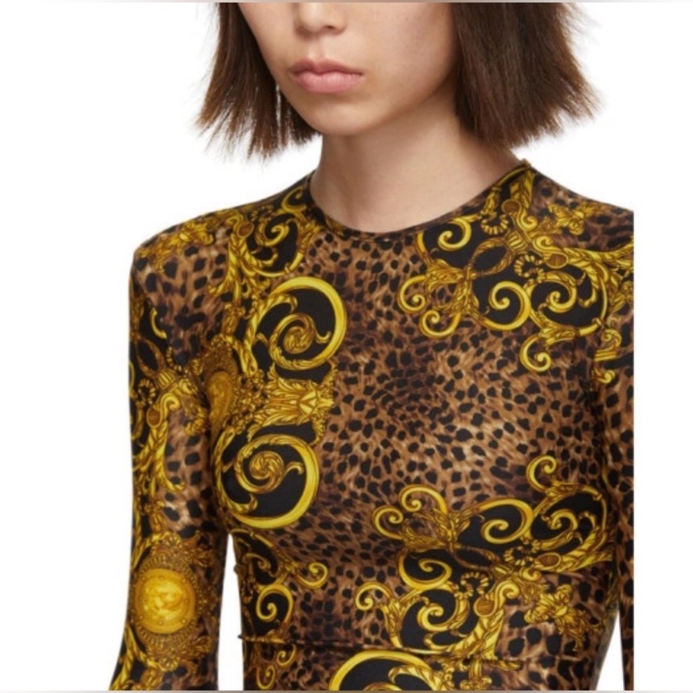 Versace Jeans Couture Brown and Yellow Leopard Baroque Bodysuit